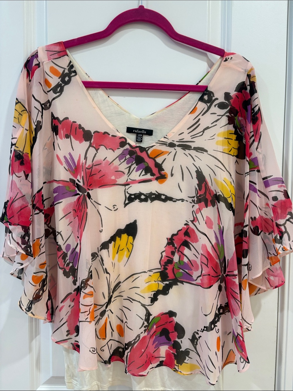 Rafaella Pink Floral Butterfly V-Neck Flutter Sleeve Blouse
